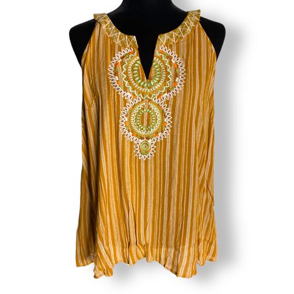 Davi & Dani Womens Tank Size Medium Mustard Striped Embroidered Boho Top NEW - Picture 3 of 6